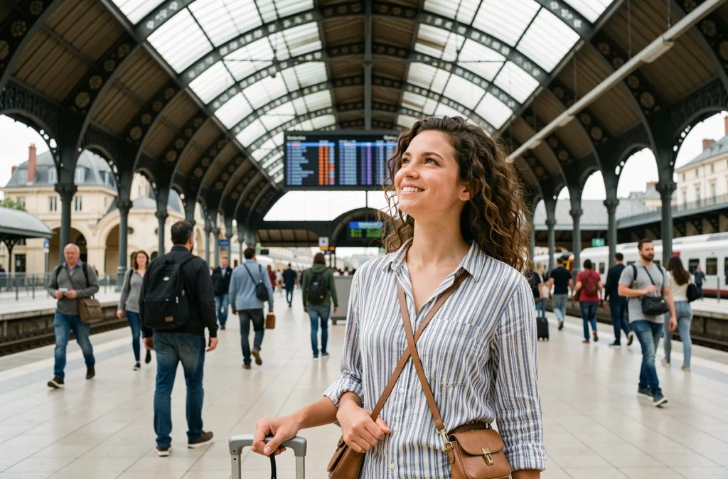 Jeune femme souriante dans une gare française avec une valise, prête à partir en voyage grâce à une association de voyages pour jeunes