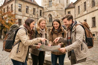 Groupe de jeunes voyageurs consultant une carte devant un monument européen lors d'un voyage organisé par une association de jeunesse