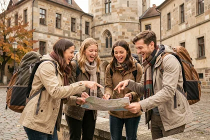 Groupe de jeunes voyageurs consultant une carte devant un monument européen lors d'un voyage organisé par une association de jeunesse