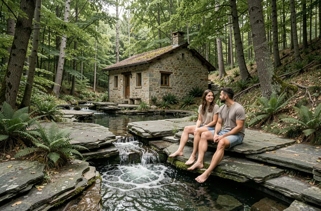Piscine naturelle du Pradal en Ardèche avec roches en schiste et forêt de châtaigniers
