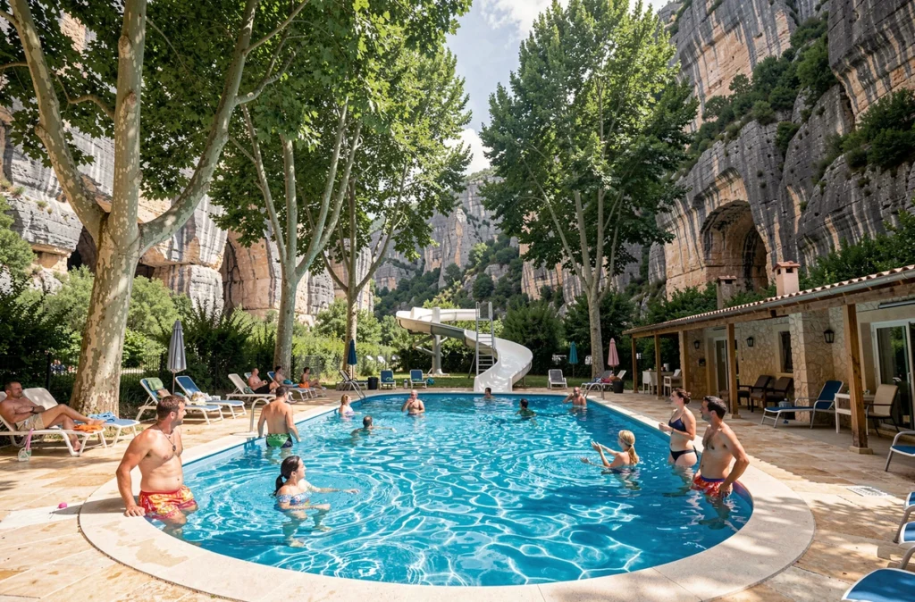 Grande piscine des Ranchisses dans les gorges de l'Ardèche avec toboggans et falaises calcaires