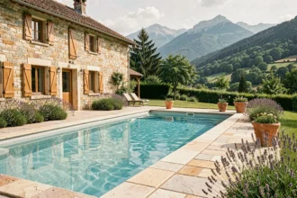 Location de vacances avec piscine en Auvergne-Rhône-Alpes, maison en pierre et paysage montagneux