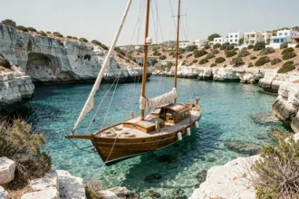 Petit bateau de croisière en bois ancré dans une crique turquoise des îles grecques entourée de falaises calcaires blanches