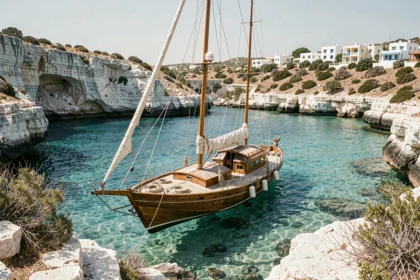 Petit bateau de croisière en bois ancré dans une crique turquoise des îles grecques entourée de falaises calcaires blanches