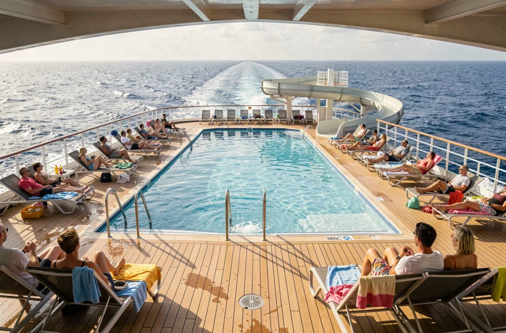 Pont piscine arrière d'un paquebot MSC Croisières avec passagers se relaxant et vue sur le sillage en mer
