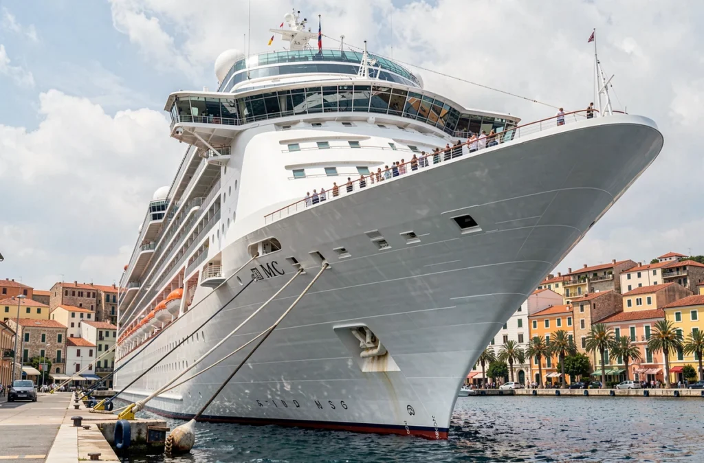 Proue imposante d'un navire MSC Croisières amarré dans un port méditerranéen avec vue sur une ville côtière historique