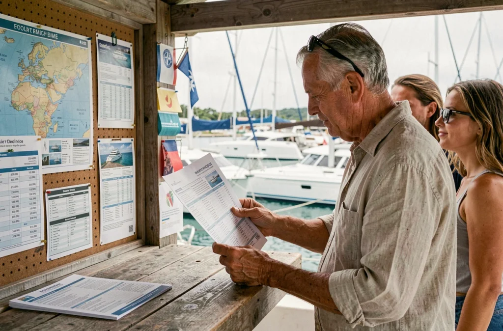 Agent de réservation de croisière en catamaran discutant d'un itinéraire avec des touristes dans une marina en Martinique