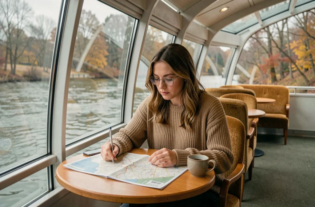 Voyageuse solo consultant un itinéraire de croisière fluviale dans le salon panoramique d'un bateau