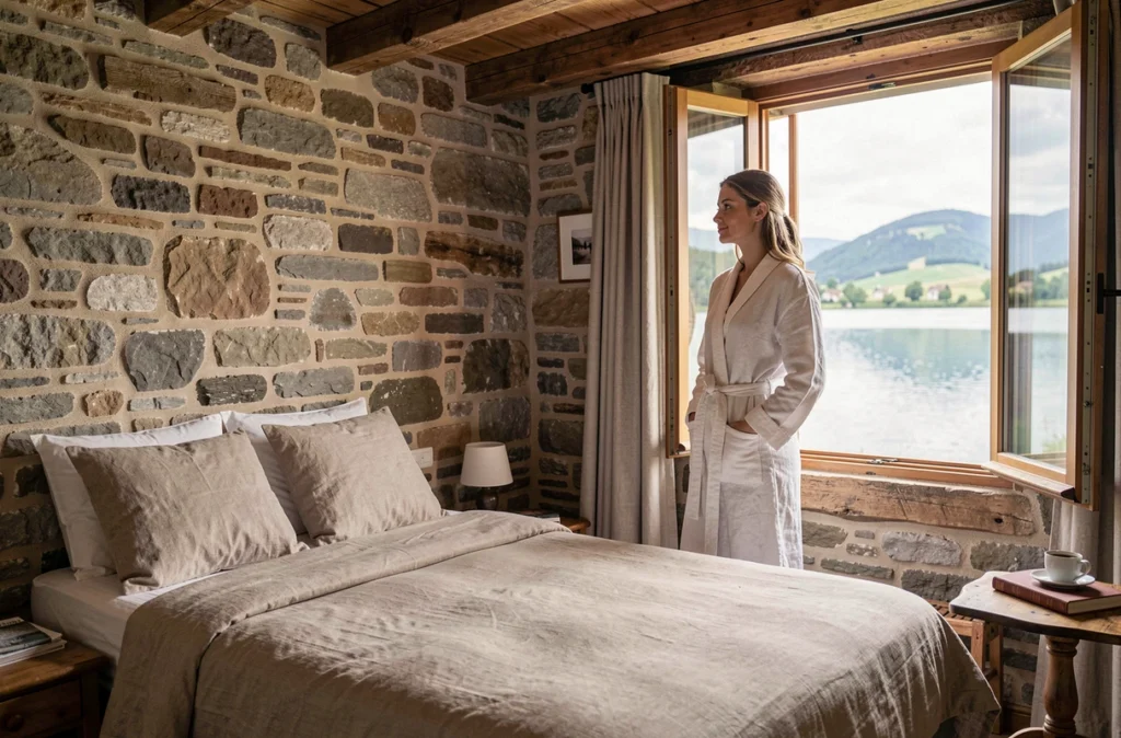 Chambre d'hôtel avec vue panoramique sur un lac en Bourgogne-Franche-Comté, femme en robe de chambre contemplant le paysage lacustre
