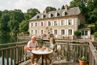 Hôtel de charme en bord de lac en Bourgogne-Franche-Comté avec terrasse et couple profitant du petit-déjeuner face à l'eau